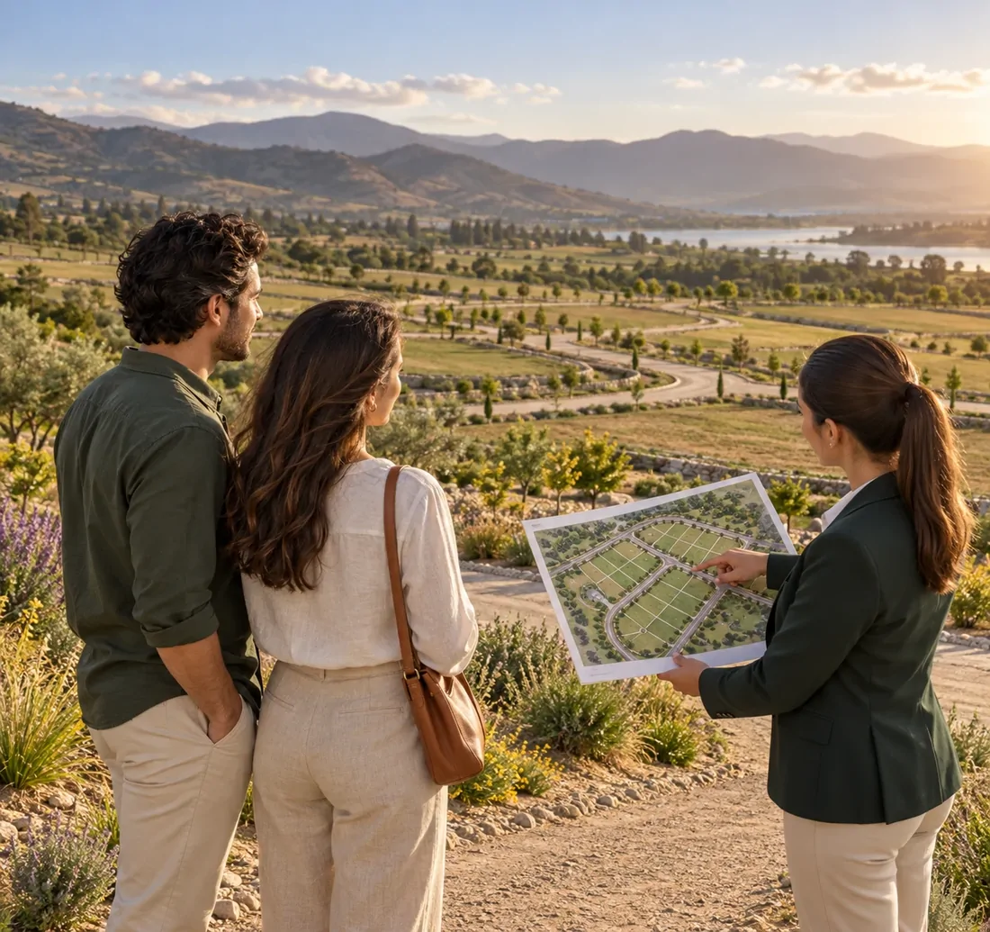 Asesora de Grupo Asterra explicando el plano de un proyecto a una pareja en el terreno